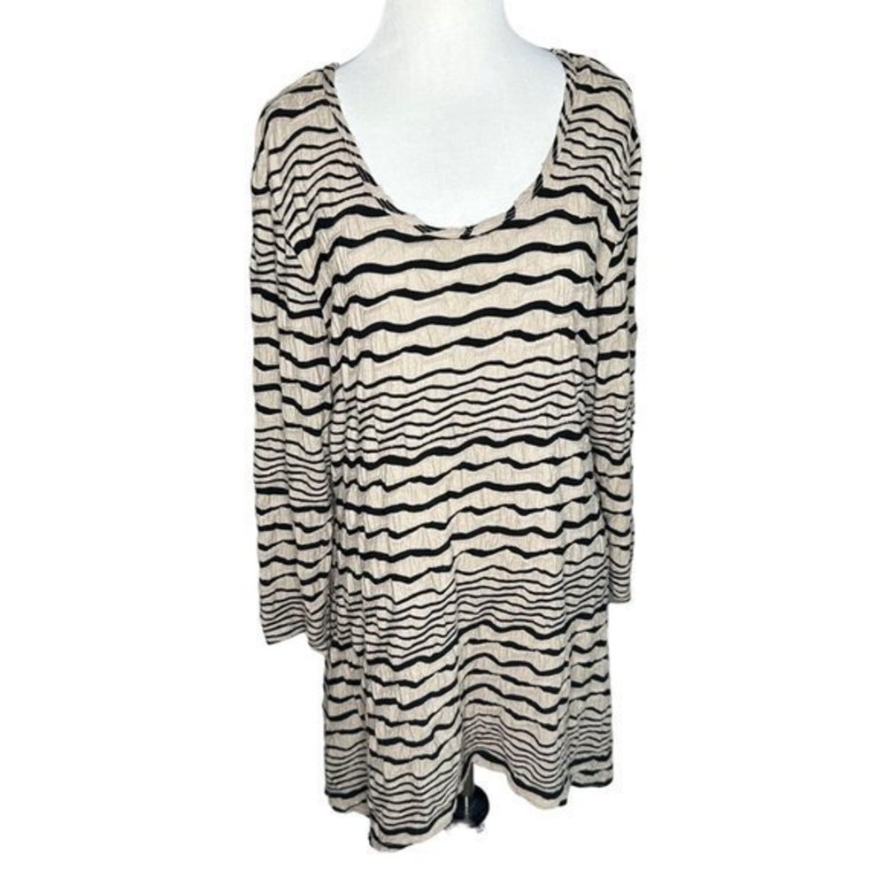 Tianello Brown Black‎ Striped 3/4 Sleeve Handkerchief Hem Top Size Large